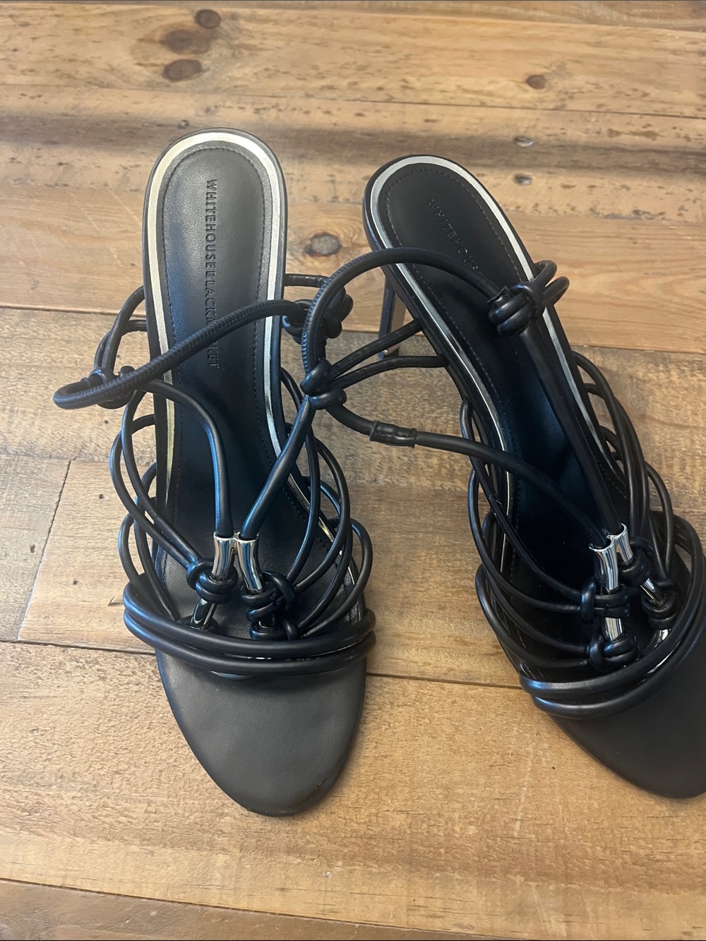 White House Black Market Black Knotted Multi-Strap Slide Heels